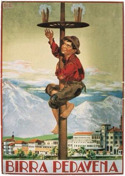 70) 70) 1938 - Manifesto di autore anonimo di fine anni ‘30, che raffigura un ragazzo intento ad arrampicarsi sul palo della cuccagna per raggiungere le ambite birre..jpg