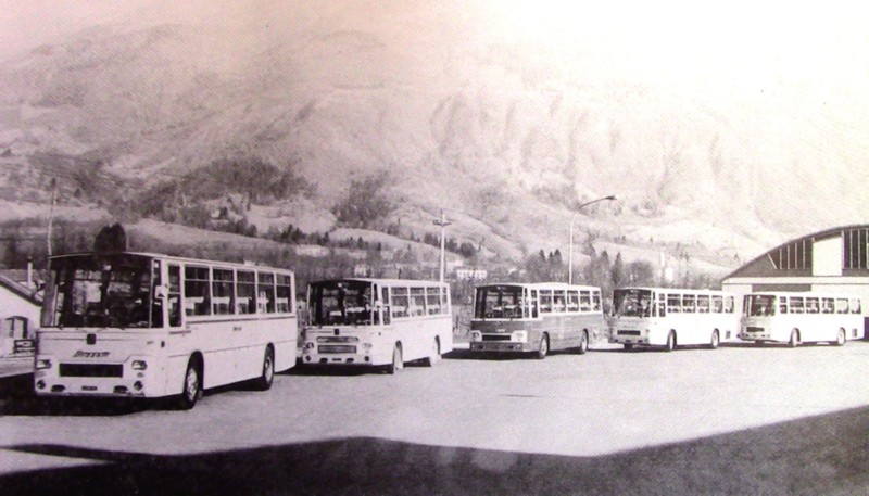 3) Anni '70. Alcune autocorriere, carrozzate Sicca, davanti al garage della ditta Buzzatti alla Veneggia di Belluno.jpg