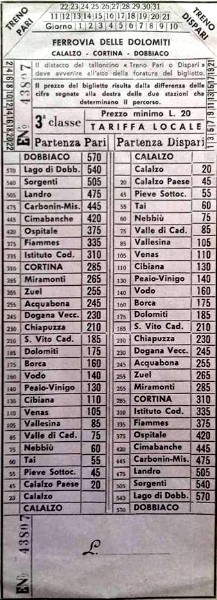 96) Biglietto di 3a Classe per treni Pari e Dispari della Ferrovia Dolomiti da Calalzo a Dobbiaco con tutte le fermate e con la tariffa minima di 20 Lire dell'epoca ..jpg