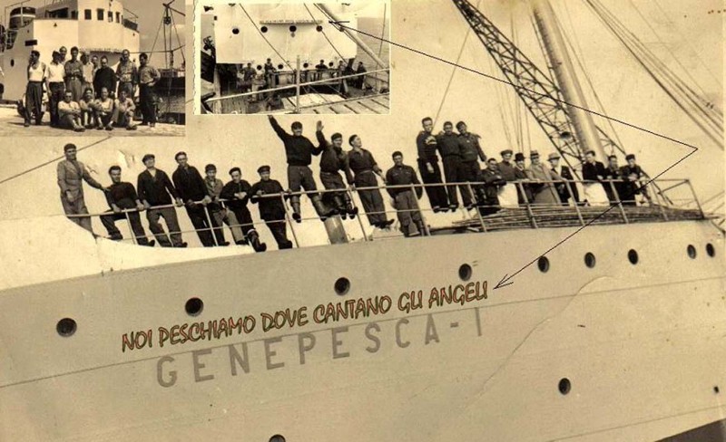 159-ANNO 1950.Nave della flotta Genepesca impegnata nella campagna di pesca in Africa, coste della Mauritania e del Senegal Sul ponte di comando campeggia la scritta NOI PESCHIAMO DOVE CANTANO GLI ANGELI.jpg