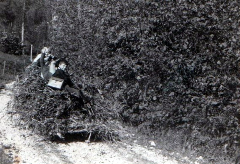 16-Roncoi anni '60 trattore di Silvio Bortoluzzi affronta la salita verso -fontanele-, sotto i -Cian- con la strada non ancora asfaltata, Evaristo Tonet finito la scuola.jpg