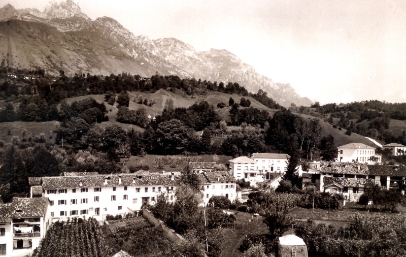 75--San Gregorio nelle Alpi visto dal campanile 01 Aprile 1965, le colture foraggiere, mais, viti e piante da frutta arrivano quasi a lambire le case..jpg