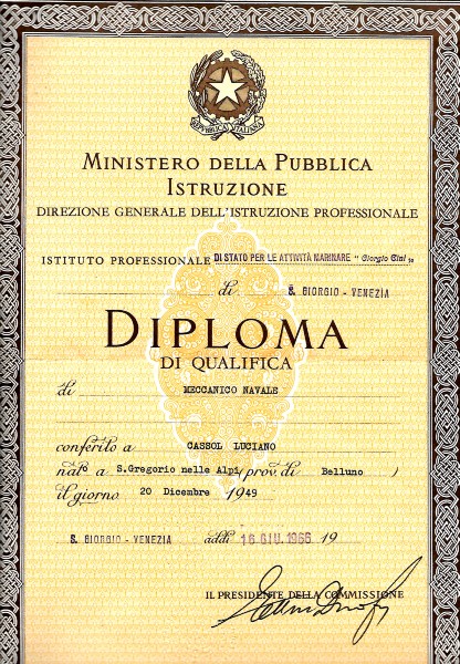 9a) Diploma di qualifica di Motorista navale conseguito a Porto Garibaldi il 16 Giugno 1966 (Scuola Isola di San Giorgio Venezia)..jpg