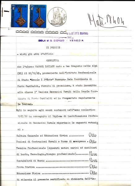 9b) Diploma di qualifica di Motorista navale conseguito a Porto Garibaldi il 16 Giugno 1966 (Scuola Isola di San Giorgio Venezia). (2).jpg