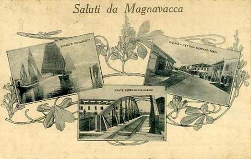 292b-Magnavacca (Porto Garibaldi -Fe), gruss aus monocroma del Ponte Ferroviario, Mercato Pesci, Bragozzi con inserti floreali liberty, anno 1921.jpg