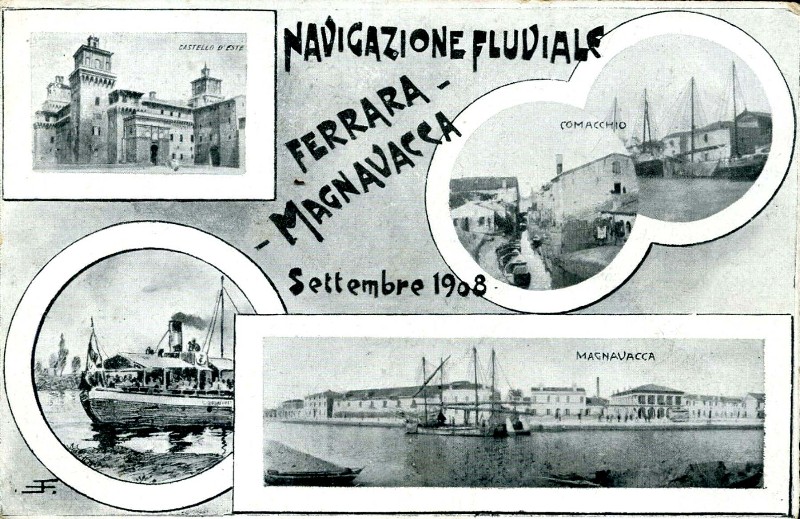 292c - 9 Settembre 1908 - Cartolina che pubblicizzava la navigazione fluviale Ferrara - Magnavacca.jpg